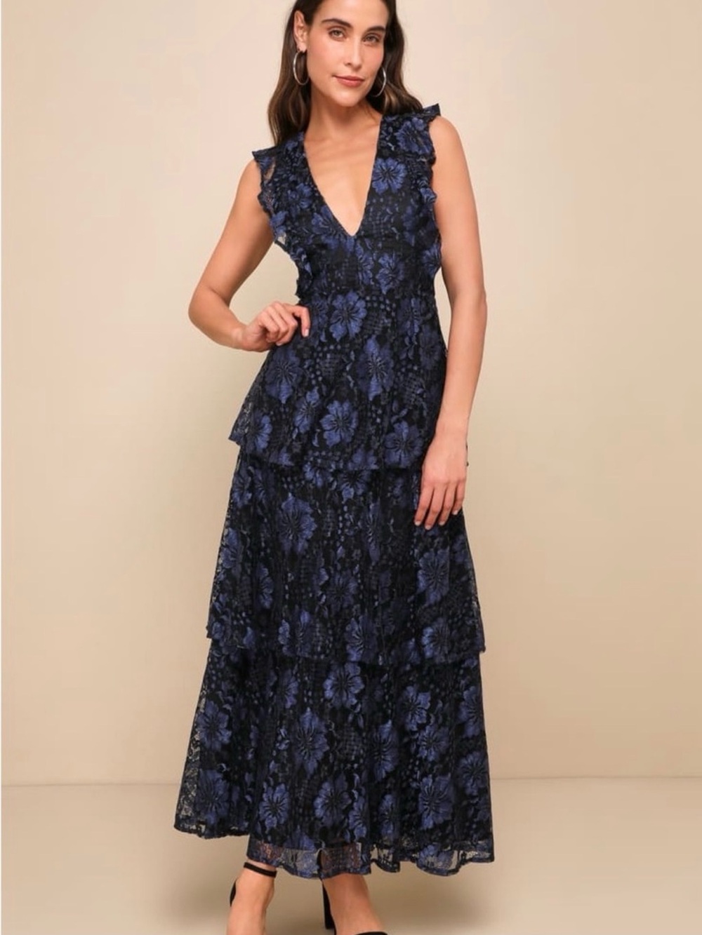 Lulu's Navy Floral Lace Tiered Maxi Dress
